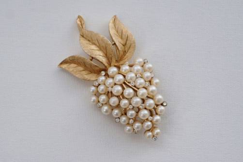 Trifari Crown pin Grape, gold plated, faux pearls & rhinestones, 1960`s ca, American